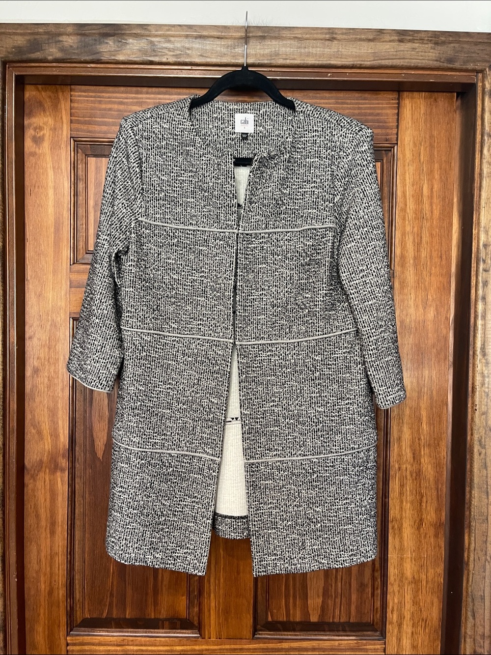 CAbi THE TIMES Black and White Textured Open-Front Coat small